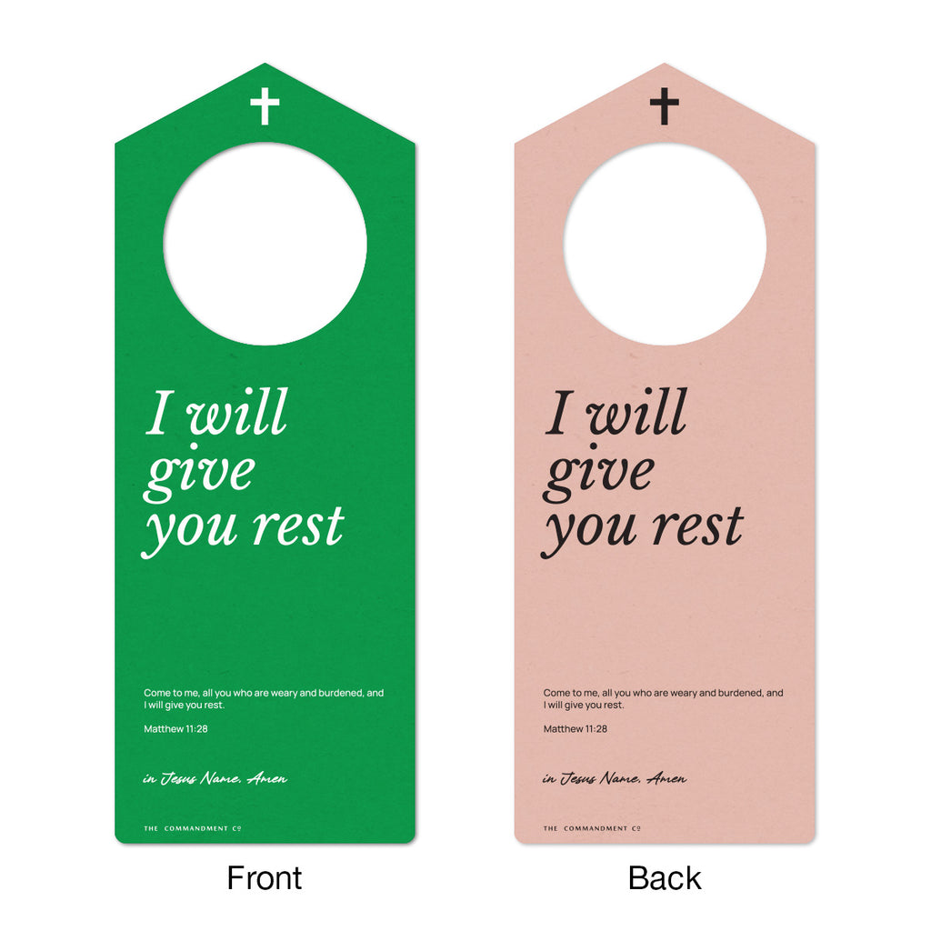 Front and back view of a Christian door hanger with the text 'I will give you rest,' featuring Matthew 11:28 Bible verse in green and pink designs.