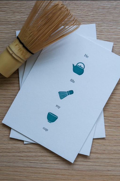 Christian encouragement card reading “He fills my cup,” designed by Dorky Doe with simple teal icons on textured paper.
