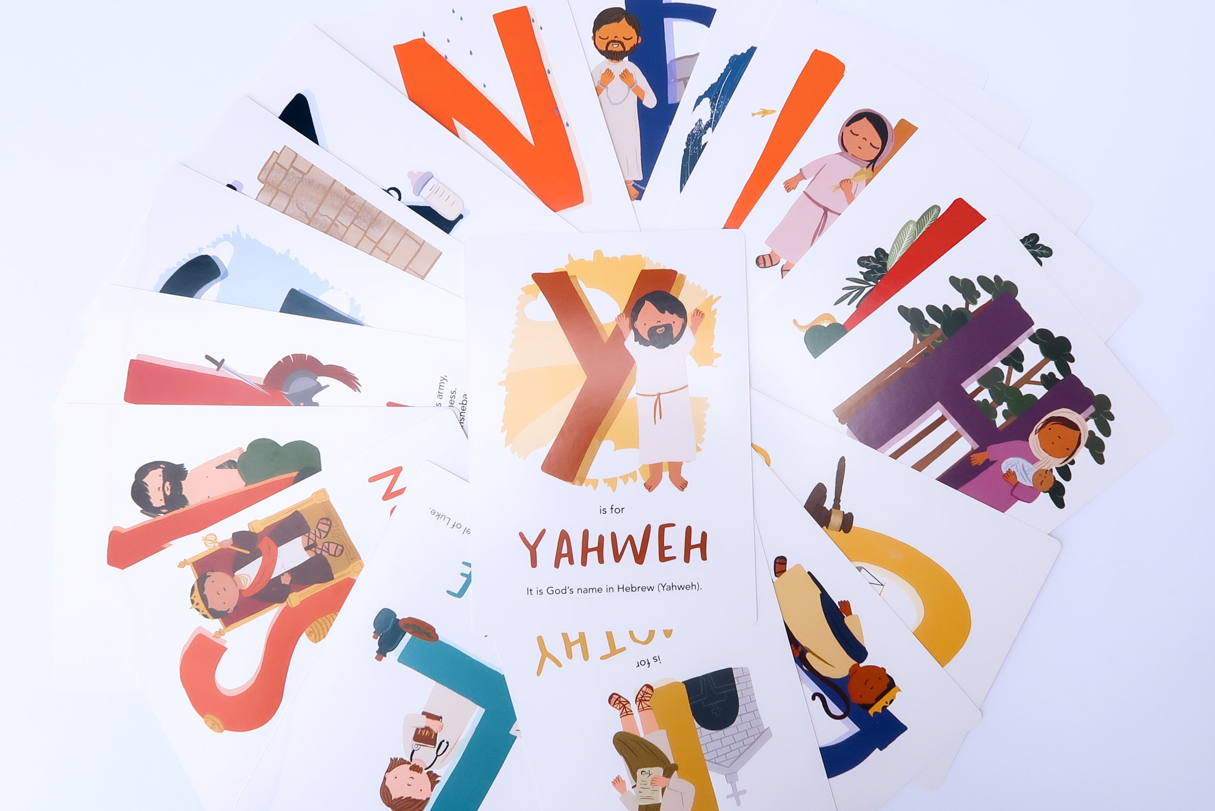 Alphabet Adventures: Bible Characters from A to Z – a Christian flashcard set for kids with colorful illustrations of biblical figures, perfect for learning and gifting