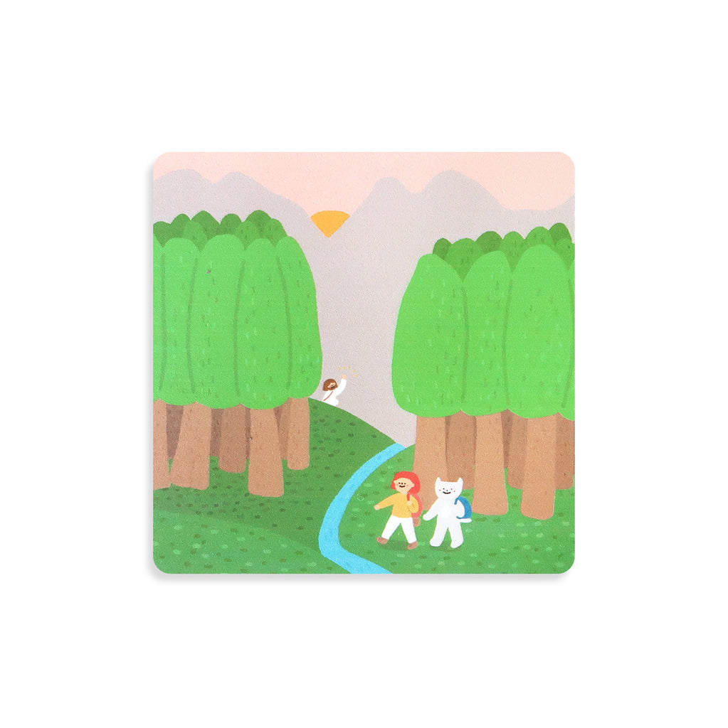 Christian illustrated coaster featuring Jesus, a child, and a cat walking through a forest with a stream and mountains in the background, designed for faith-based home decor.