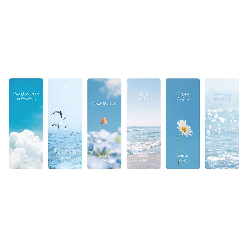 A set of six Christian-themed bookmarks featuring inspirational designs with ocean waves, clouds, flowers, and Bible quotes, ideal for faith-based gifts and stationery.