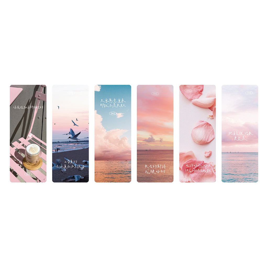 A collection of six Christian-themed bookmarks featuring inspirational designs with sunsets, clouds, flowers, and Bible quotes, perfect for faith-based gifts and stationery.