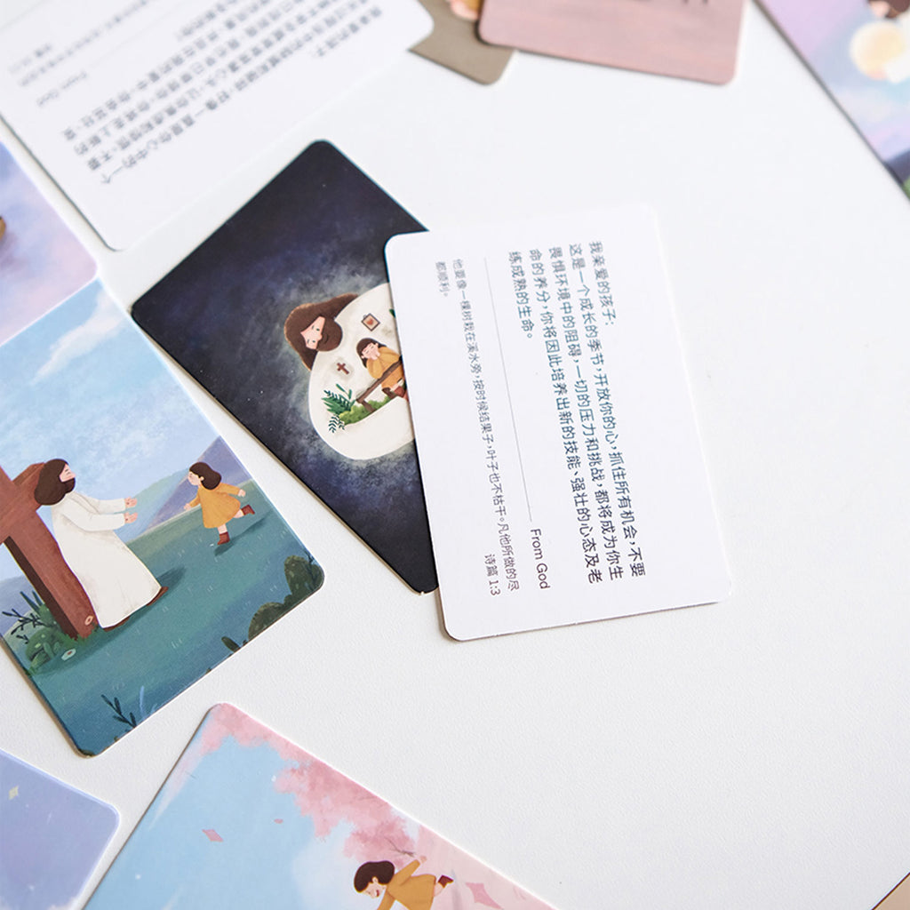 Close-up of a Christian mini card set featuring Bible verses and illustrated scenes of Jesus with children, designed for faith inspiration and devotion.