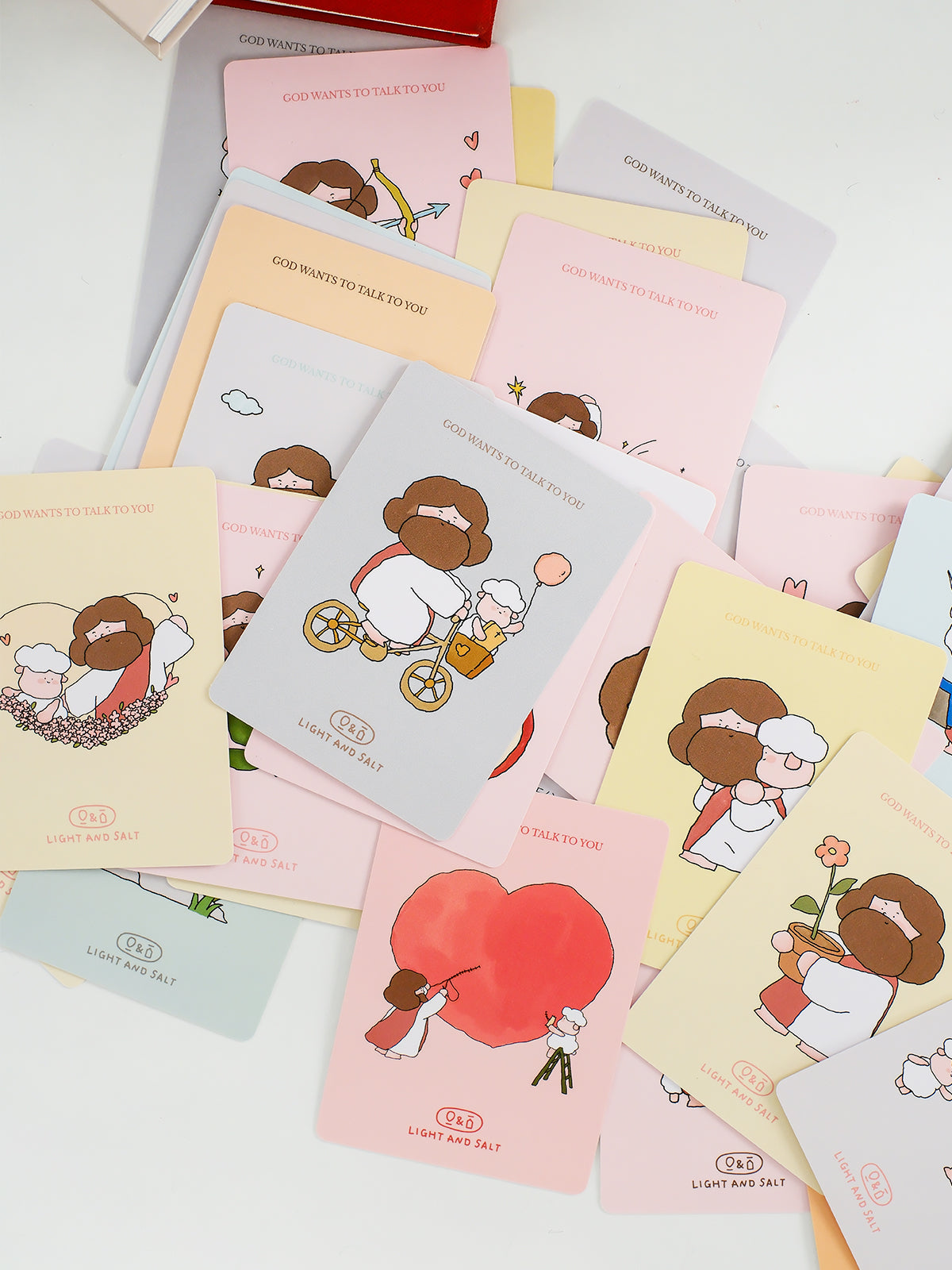 Christian mini card set featuring cute Jesus illustrations with the phrase “God wants to talk to you” in soft pastel colors, designed as encouragement cards