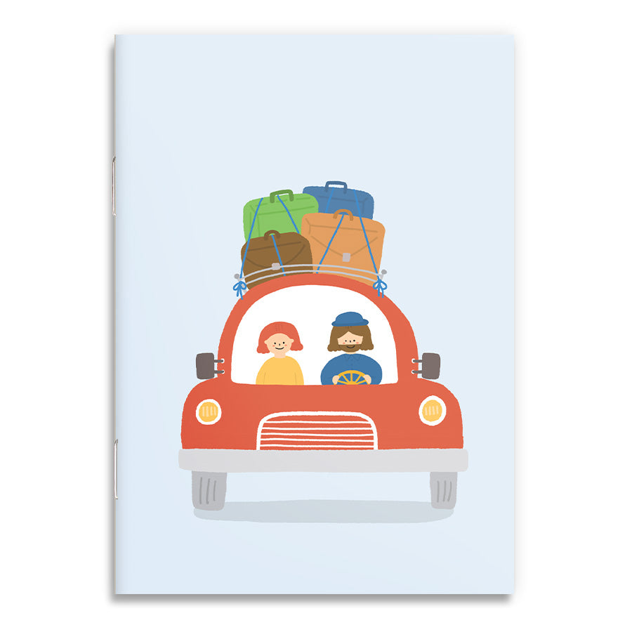 Inspirational Christian notebook cover with Jesus at the wheel, driving alongside a child, packed with luggage, representing a journey of faith and companionship.