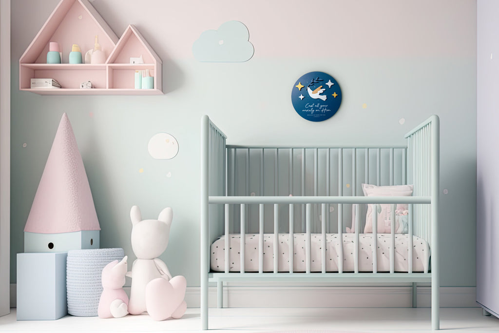 Peaceful nursery decor featuring pastel tones, a crib, soft toys, and a 3D wooden Christian poster with a dove design and the Bible verse 'Cast all your anxiety on Him' from 1 Peter 5:7 on the wall.