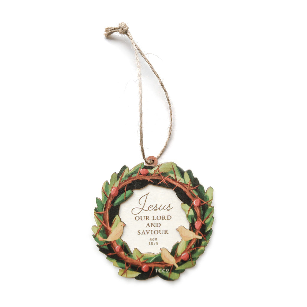 Faith-inspired Christian ornament featuring a wreath design with the text 'Jesus Our Lord and Saviour' and a reference to Romans 10:9, ideal for spiritual gifts or decor.