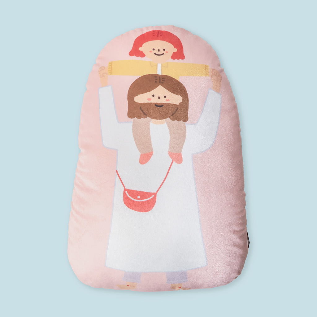 Soft plush toy showing Jesus lifting a joyful child on His shoulders, symbolizing love, support, and faith.