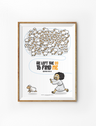 Encouraging Christian poster by John Euclid at The Commandment Co featuring Matthew 18:12-14, with a cartoon Jesus leaving ninety-nine sheep to find one lost sheep, symbolizing God's love and care.