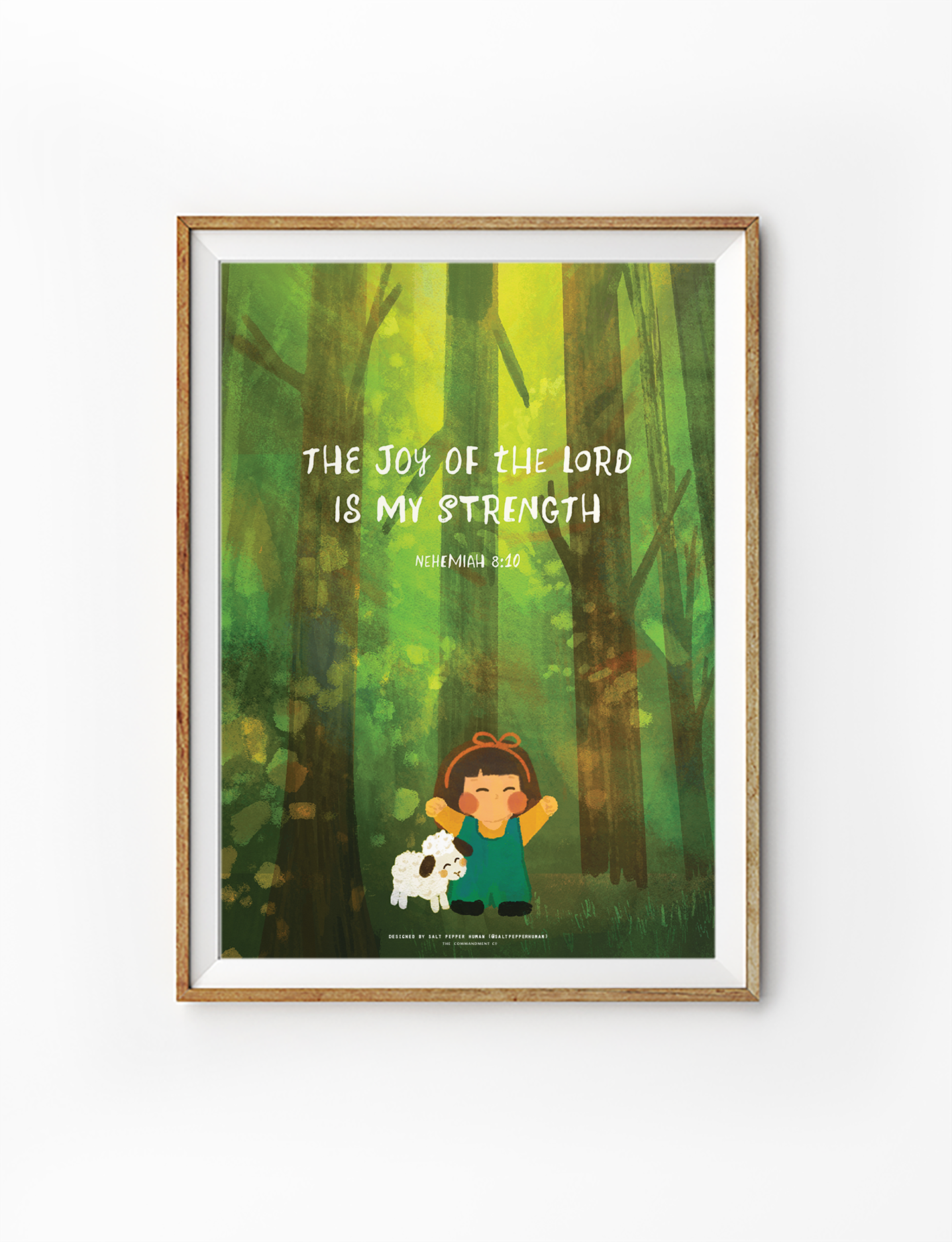 poster featuring a joyful girl with a sheep in a vibrant green forest, displaying the uplifting Bible verse "The joy of the Lord is my strength" from Nehemiah 8:10, reflecting simple happiness and encouragement.