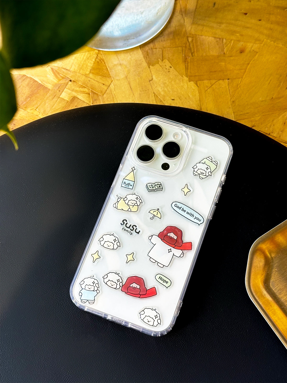 Christian sticker set on phone case featuring cute Jesus and sheep illustrations with Bible verse stickers and faith messages