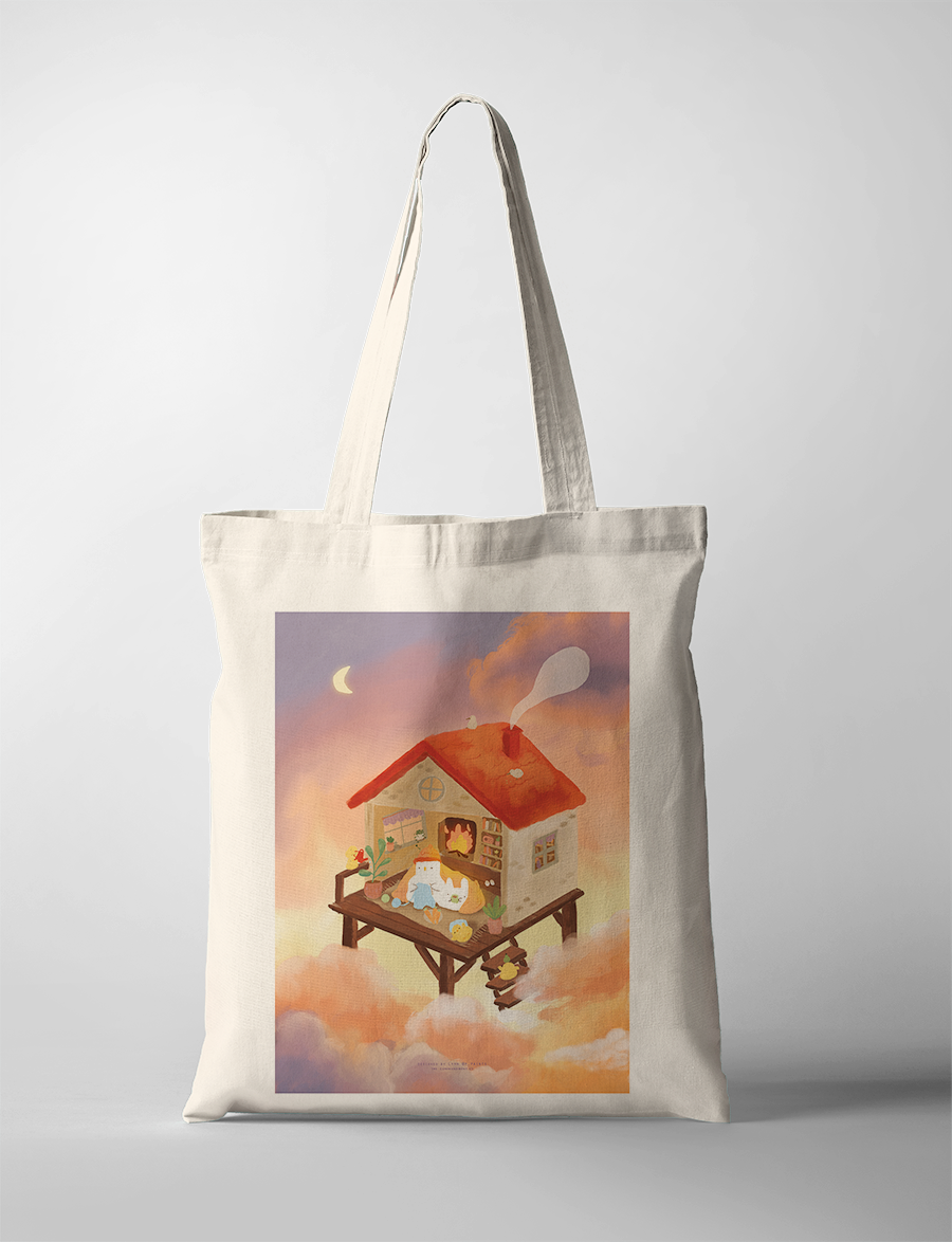 Christian tote bag featuring a cozy illustrated house in the clouds by One Silly Goose, symbolising rest, warmth, and God’s presence as a safe dwelling.