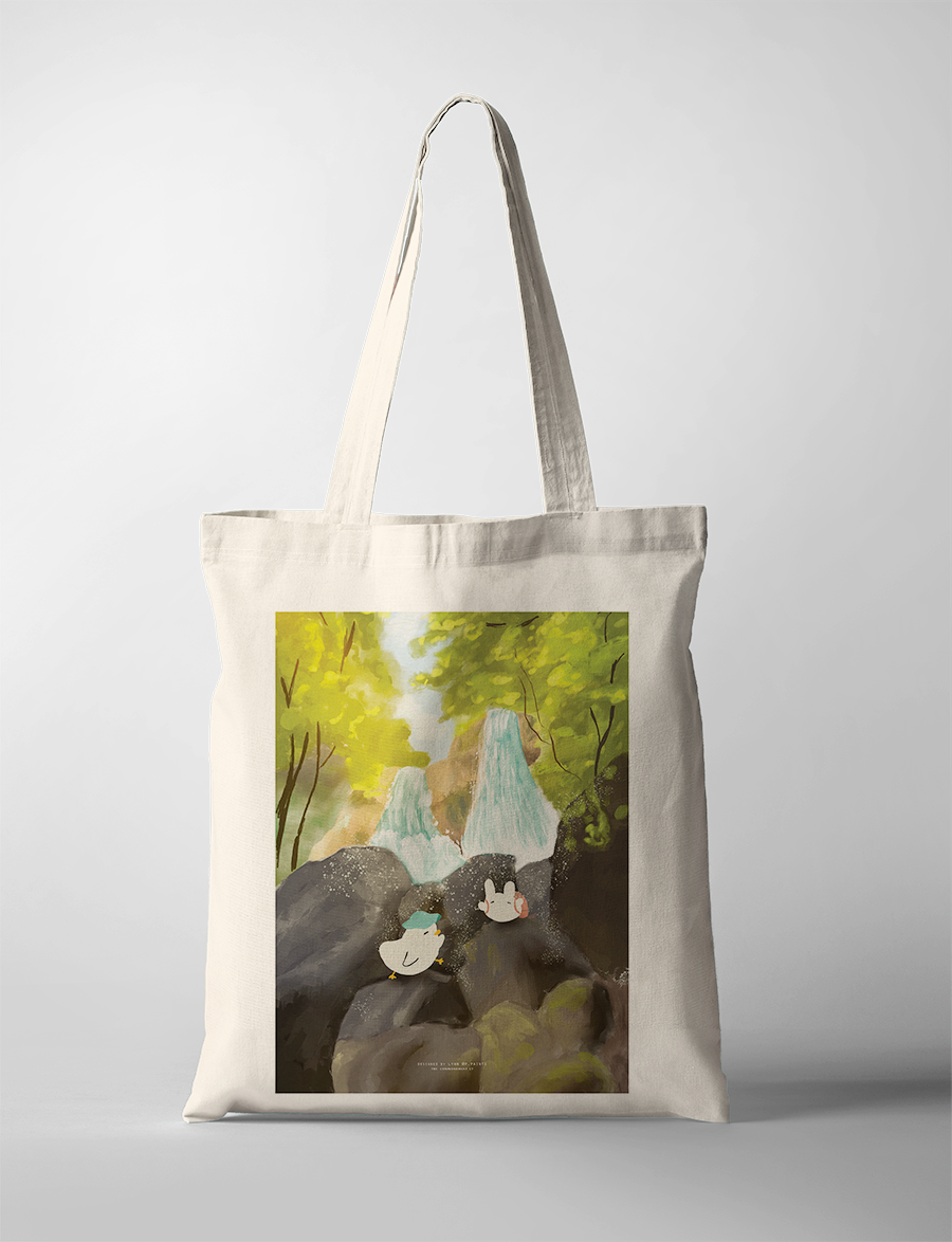 Christian tote bag featuring a peaceful forest waterfall illustration with two ducks resting on rocks, inspired by faith and God’s peace in nature.
