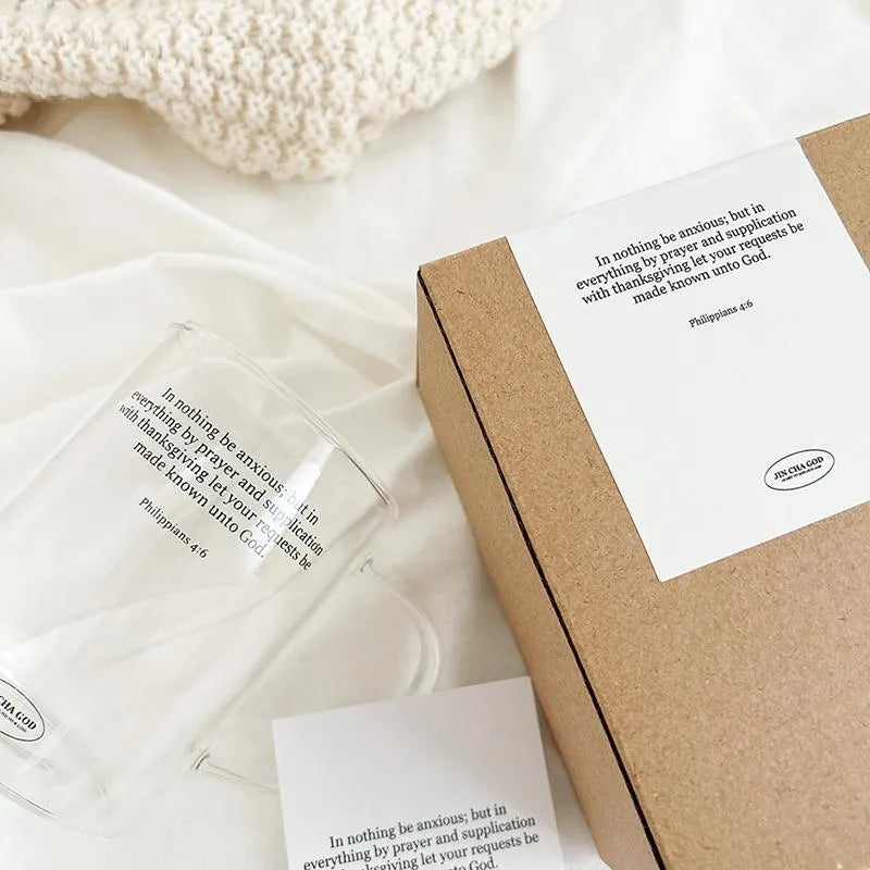 Philippians 4:6 glass cup displayed with its kraft gift box and verse card, making it a meaningful Christian gift