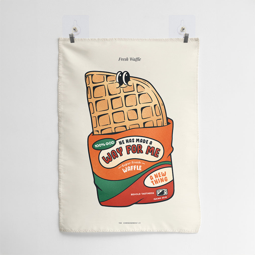 Wall tapestry featuring a 'Fresh Waffle' design with the text 'He has made a way for me' and a Bible verse from Isaiah 43:19, perfect for Christian home decor.