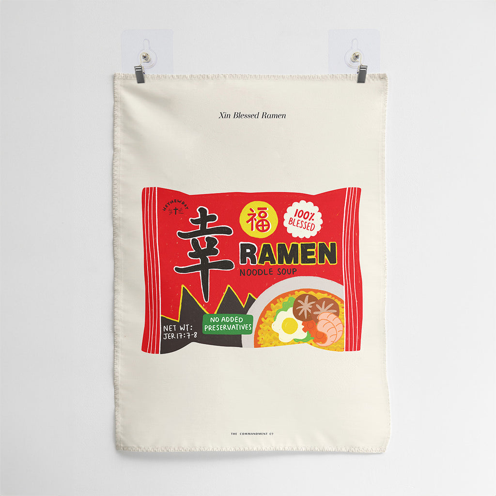 Wall tapestry featuring a ramen noodle design with the phrase 'Xin Blessed' and scripture Jeremiah 17:7-8, perfect for Christian-inspired home decor.