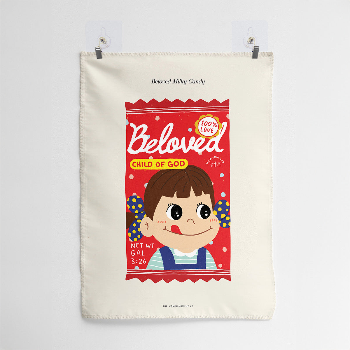 Wall tapestry featuring a playful milky candy design with 'Beloved Child of God' and Galatians 3:26, showcasing a cheerful Christian message for home decor.