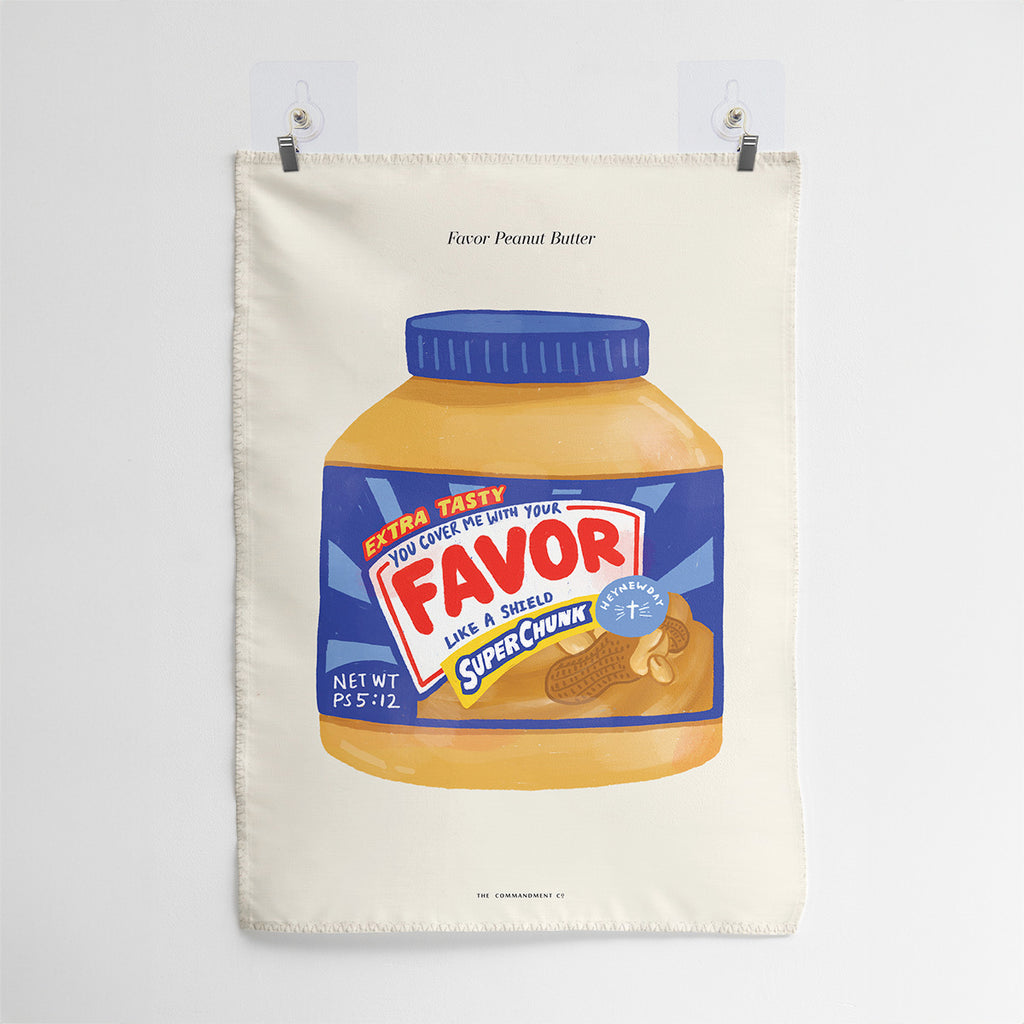 Wall tapestry featuring a peanut butter jar labeled 'Favor' with Psalm 5:12, symbolizing God's favor as a shield, designed as a creative and inspirational Christian decor piece.