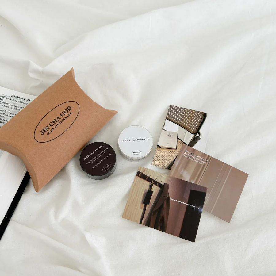 Christian washi tape set with inspirational messages, presented with a kraft gift box and encouraging postcards, perfect for creative journaling and sharing simple happiness.