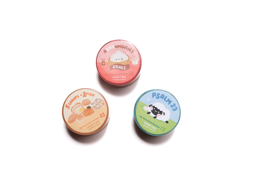 Set of three Christian washi tapes featuring Psalm 23, Abundant Grace, and 5 Loaves 2 Fish designs with cute illustrated artwork.