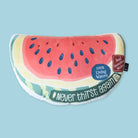 Christian watermelon-shaped cushion with the message 'Never Thirst Again' inspired by John 4:14, featuring '100% Living Waters' and 'Soul Quenching Melon' for a refreshing faith-based design