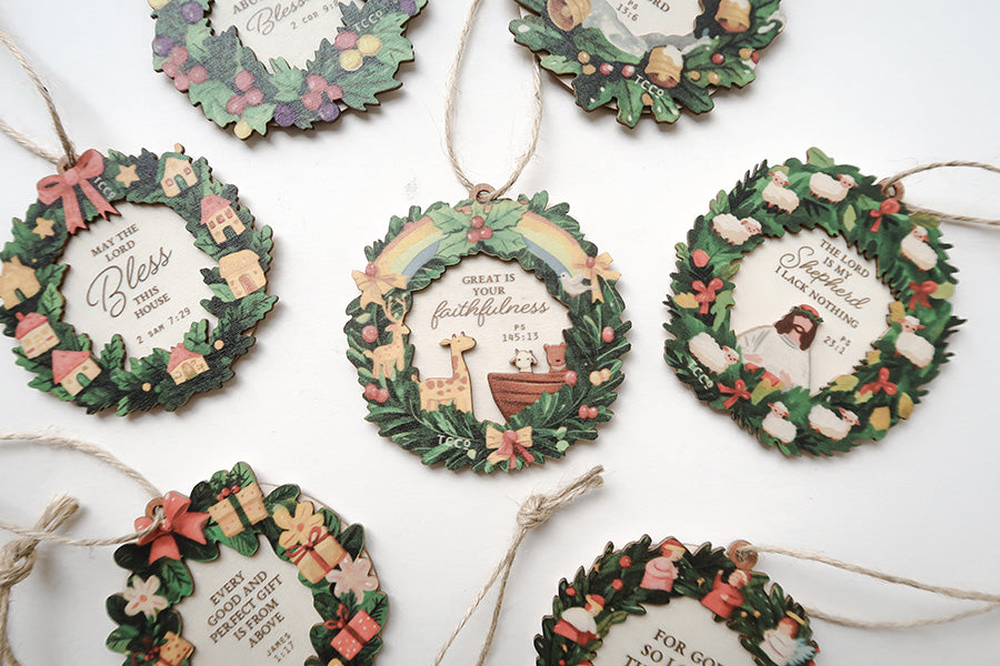 Collection of Christmas faith-based wreath ornaments featuring Bible verses, including themes like blessings, faithfulness, and the Good Shepherd, designed for meaningful holiday decor.