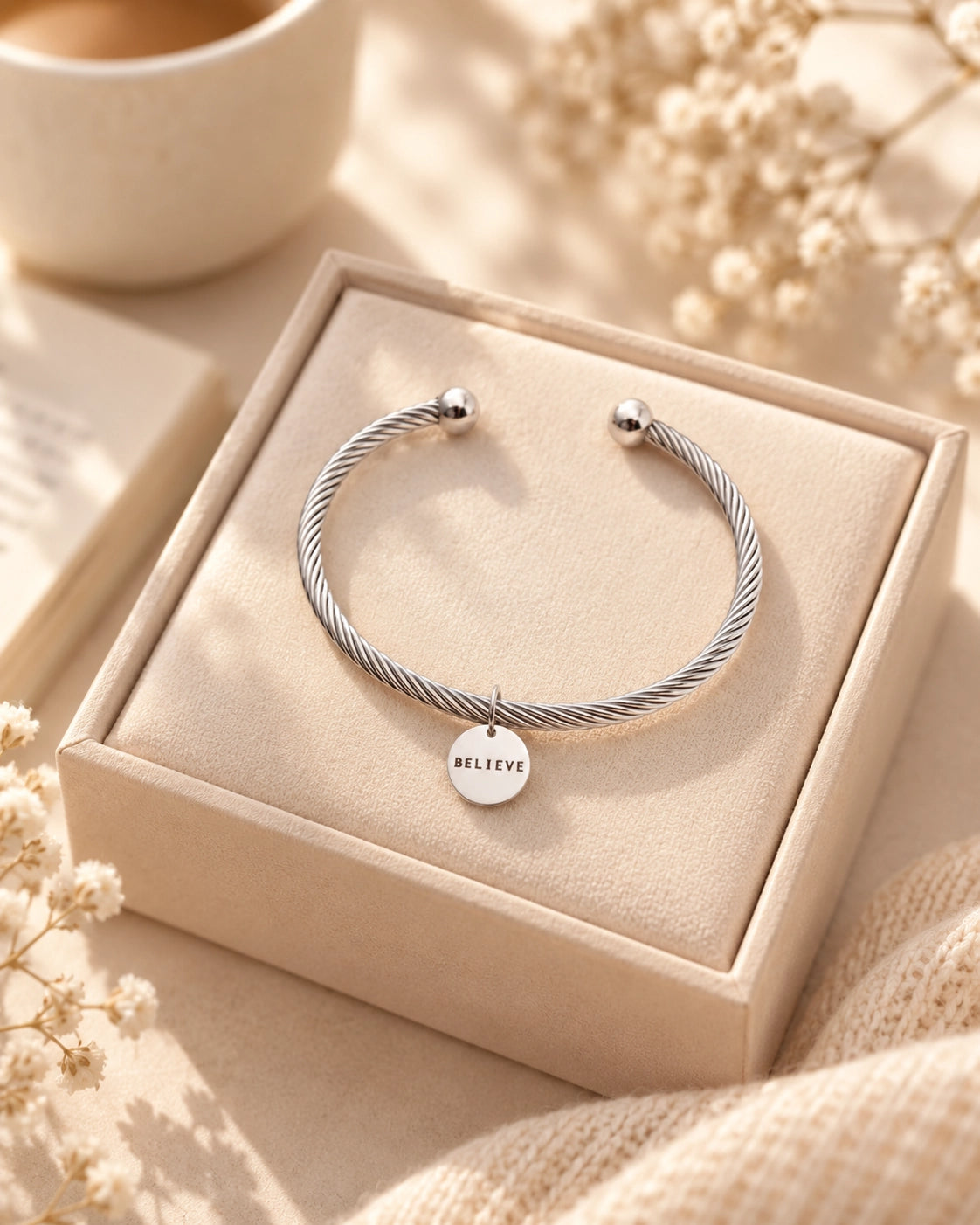 Believe circle pendant rope bracelet displayed on a cream jewellery box.