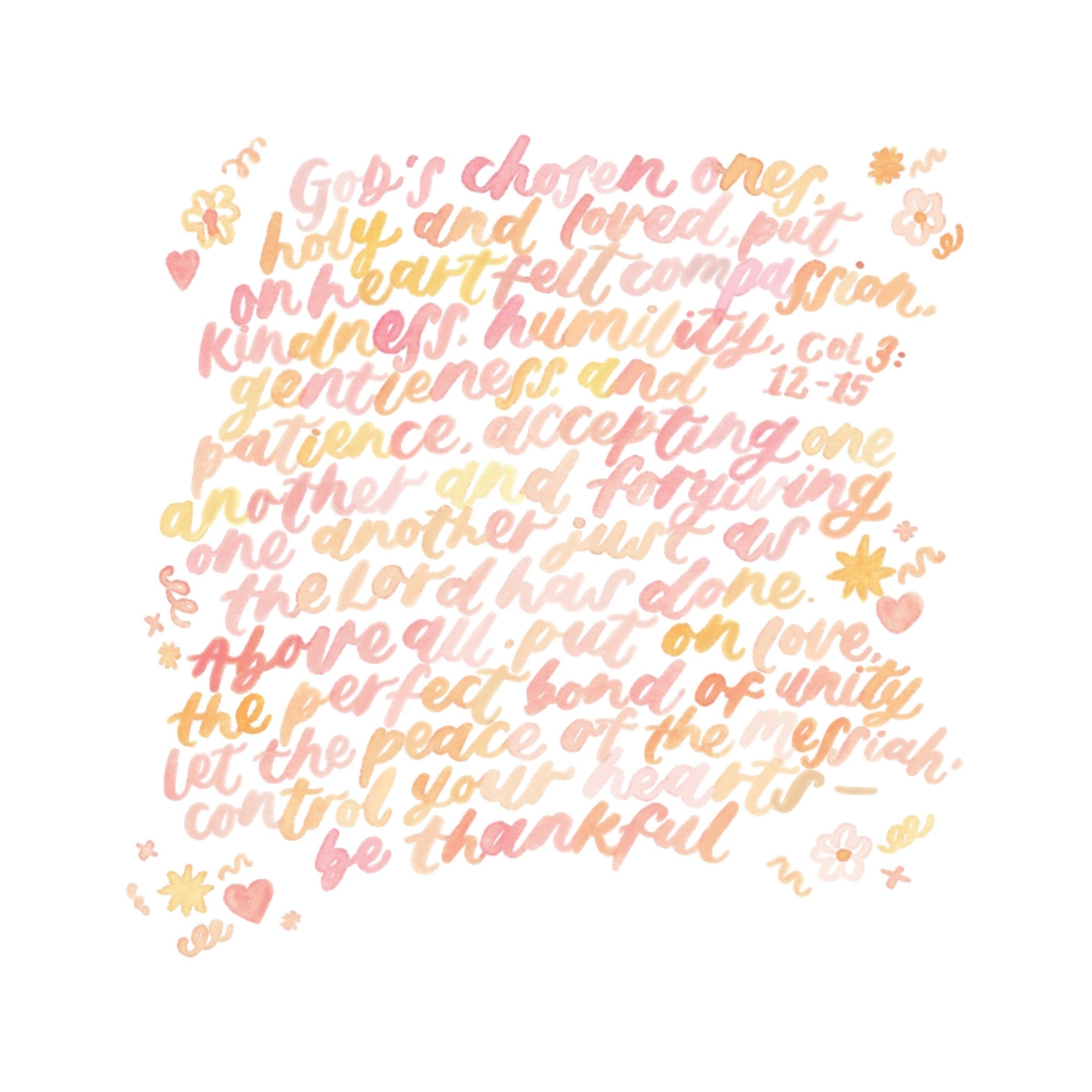 Christian greeting card featuring Colossians 3:12–15 in soft pastel hand-lettered design, square 15x15cm card with blank inside and sheer white envelope.