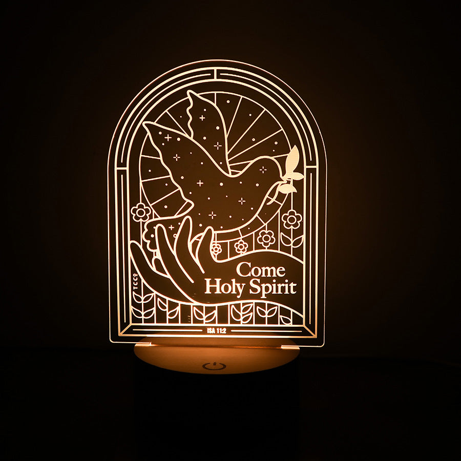 Christian inspirational lamp featuring 'Come Holy Spirit' with Isaiah 11:2, showing a dove, a hand, and floral designs in an arch window shape.