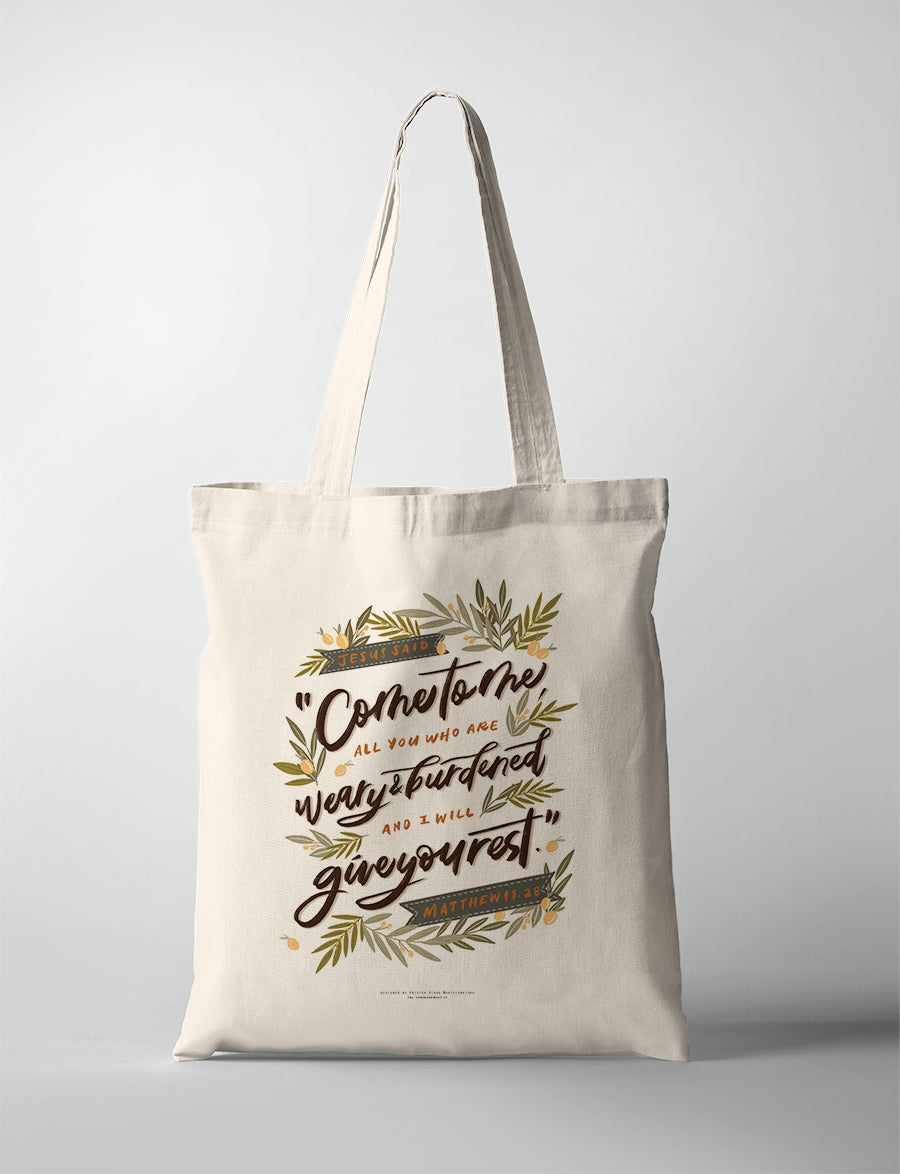 Natural cotton canvas Come to Me and Give You Rest tote bag with botanical Matthew 11:28 artwork by Kristen Kiong