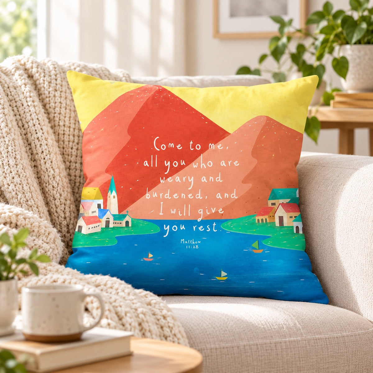 Come to Me Matthew 11:28 Christian cushion cover styled on a cosy neutral sofa with a knitted throw in a bright home interior
