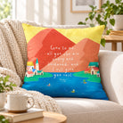 Come to Me Matthew 11:28 Christian cushion cover styled on a cosy neutral sofa with a knitted throw in a bright home interior