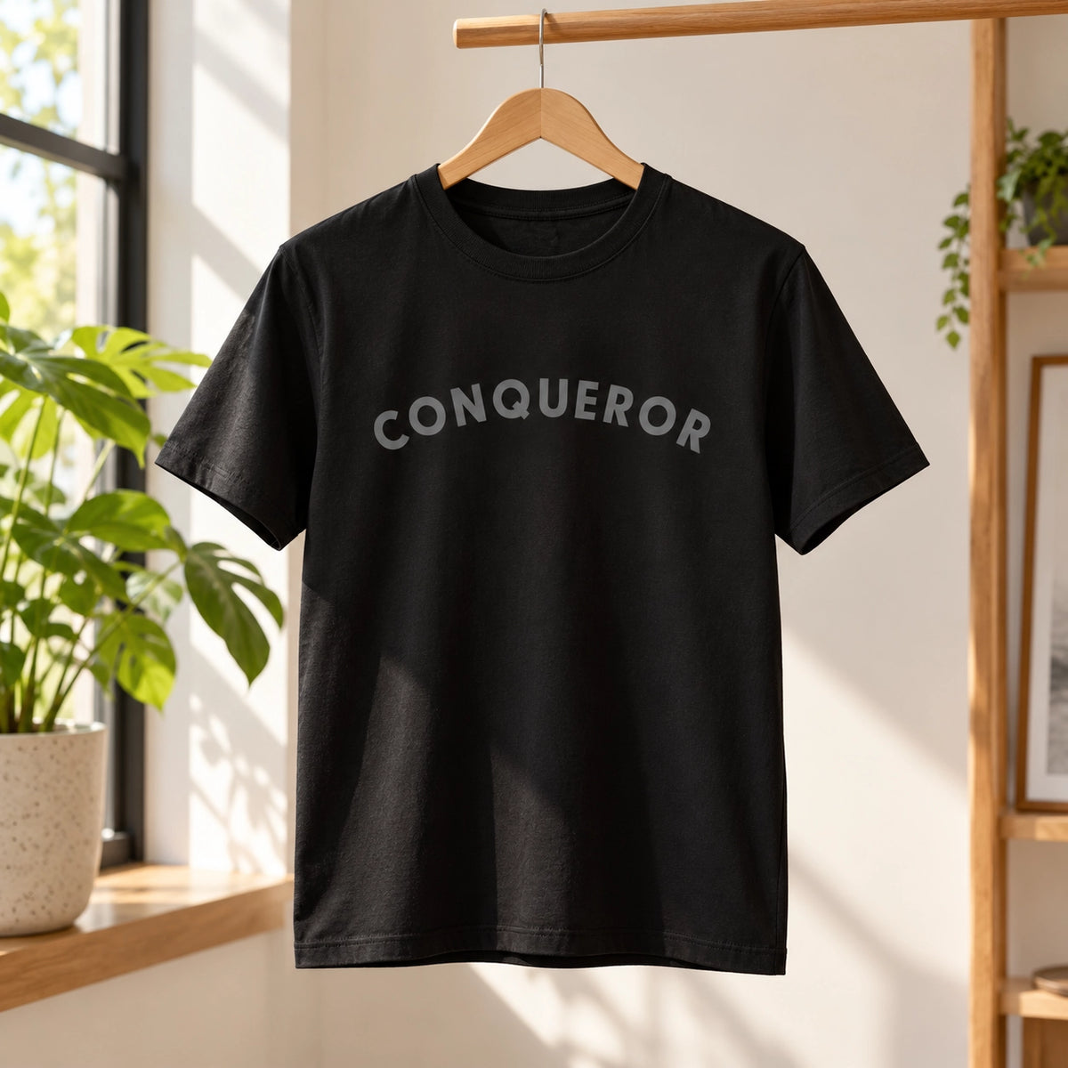 Black Conqueror Christian T-shirt displayed on a wooden hanger in a bright lifestyle interior.