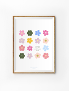  Cheerful "Consider How the Wildflowers Grow" poster by Littlulines featuring colorful minimalist flower illustrations, inspiring simple happiness and faith for Christian home decor.