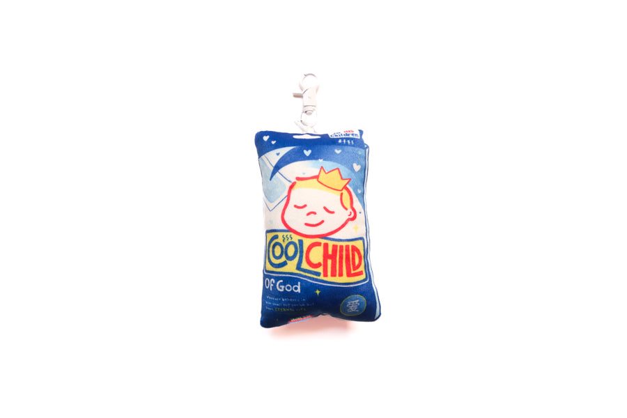 Cool Child of God Fever Patch plushie keychain with blue packet design and clip.