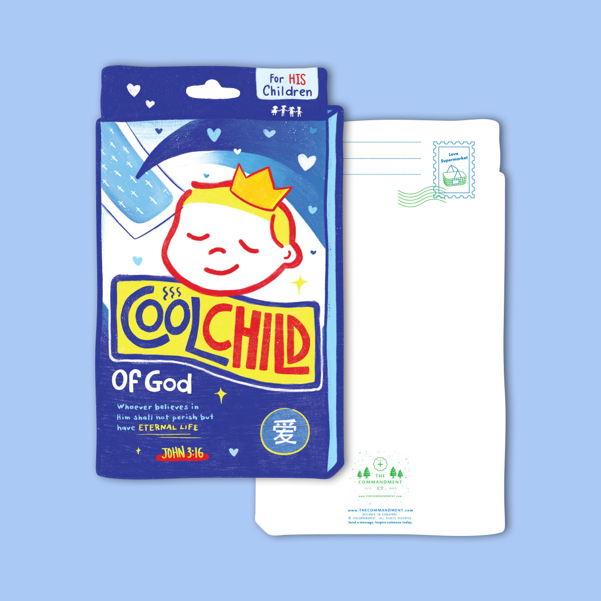 Christian postcard shaped like a fever patch box with the playful design “Cool Child of God” and the verse from John 3:16, featuring a crowned child illustration in blue and yellow.