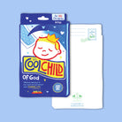 Christian postcard shaped like a fever patch box with the playful design “Cool Child of God” and the verse from John 3:16, featuring a crowned child illustration in blue and yellow.