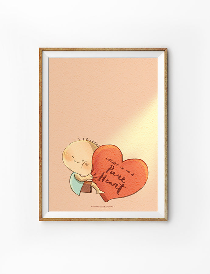 Christian wall art poster featuring a cute character hugging a large heart with the words “Create in me a pure heart,” inspired by Psalm 51:10 (NLT). Soft, encouraging Bible-themed illustration for home decor.