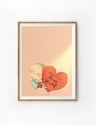 Christian wall art poster featuring a cute character hugging a large heart with the words “Create in me a pure heart,” inspired by Psalm 51:10 (NLT). Soft, encouraging Bible-themed illustration for home decor.