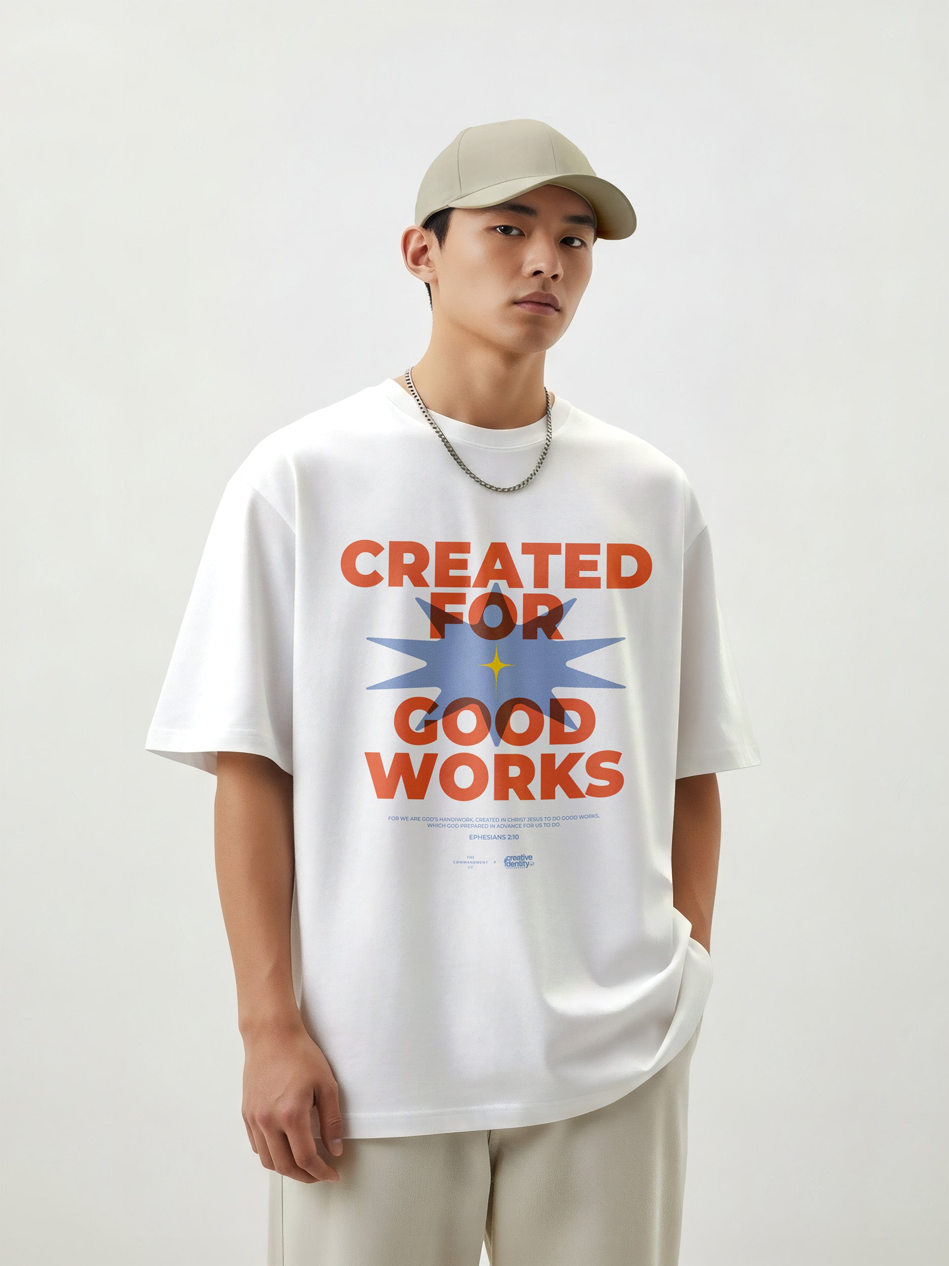 Male model wearing the “Created for Good Works” Christian t-shirt, a faith-based design created in collaboration with YWAM for the Creative Identity Conference.