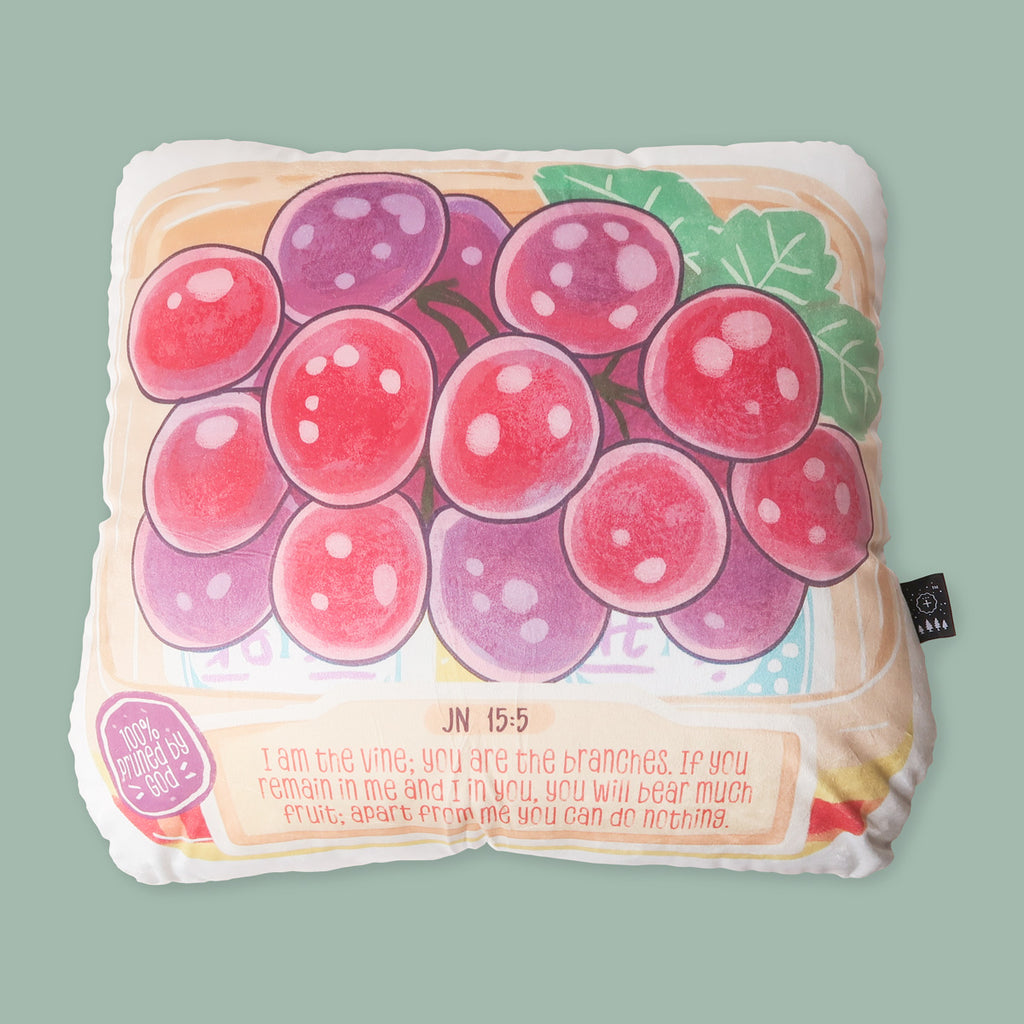 Christian plush pillow featuring a grape design and John 15:5 verse, symbolizing the connection to faith and bearing fruit.