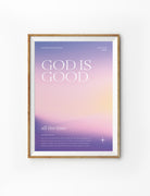 Customisable baptism poster with the message "God is Good" and Romans 8:38-39, featuring a calming gradient design, an ideal baptism gift from The Commandment Co, Singapore's Christian gifts store.