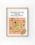 Customisable baptism poster featuring the uplifting phrase "God is Good" with playful fish and bread graphics, an ideal baptism gift from The Commandment Co