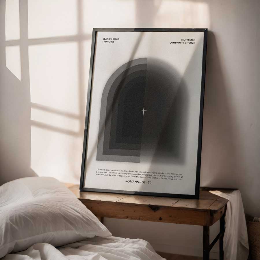 Customisable baptism poster featuring Romans 8:38-39 with a modern artistic design, highlighting God's enduring love, a unique baptism gift from The Commandment Co, Singapore's Christian gifts store.