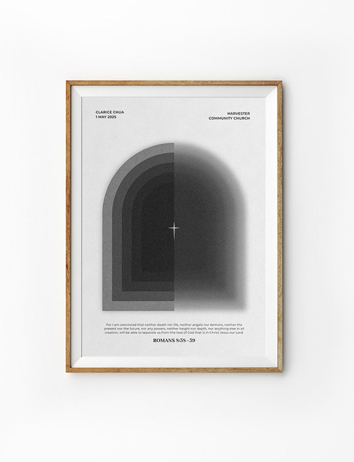 Customisable baptism poster featuring Romans 8:38-39 with a modern design, highlighting God's unwavering love, a unique baptism gift from The Commandment Co, Singapore's Christian gifts store.