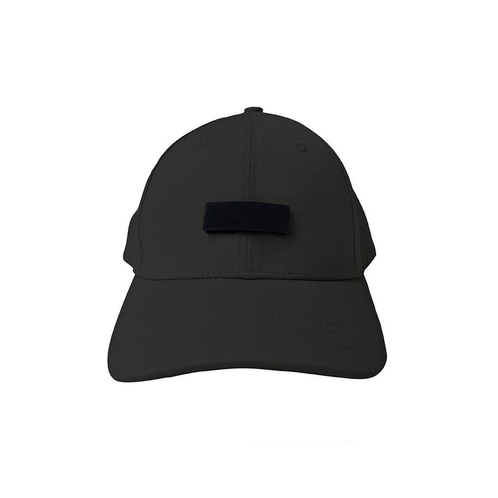 A black cap featuring a customizable velcro patch for interchangeable designs, offering a versatile and modern streetwear accessory.