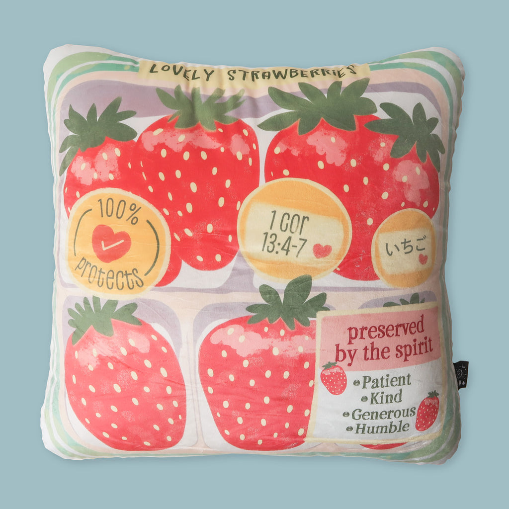 Christian strawberry-themed plush toy with 1 Corinthians 13:4-7, featuring messages of love, patience, kindness, generosity, and humility, labeled '100% Protects' and 'Preserved by the Spirit' for a faith-inspired design