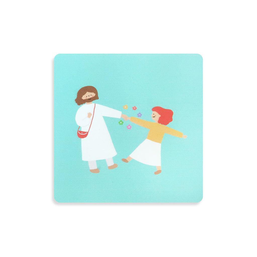 Coaster showing Jesus and a girl joyfully holding hands with colorful flowers, symbolizing faith, joy, and inspirational decor.