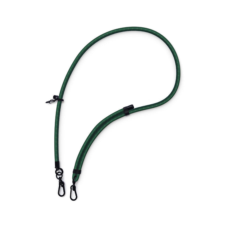 Dark green nylon lanyard with metal clips, ideal for securely holding keys, bags, or outdoor equipment.