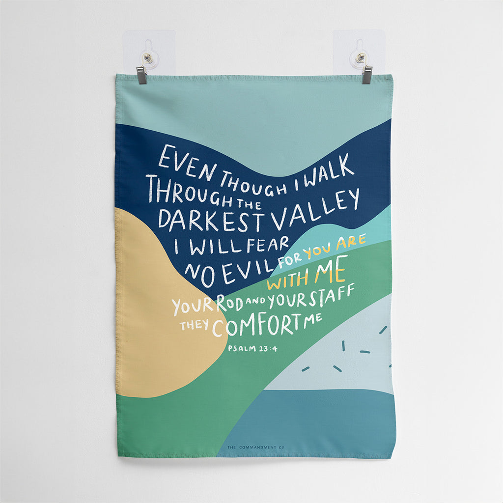 Christian wall art featuring the Bible verse from Psalm 23:4, 'Even though I walk through the darkest valley, I will fear no evil, for you are with me,' with a colorful abstract design.